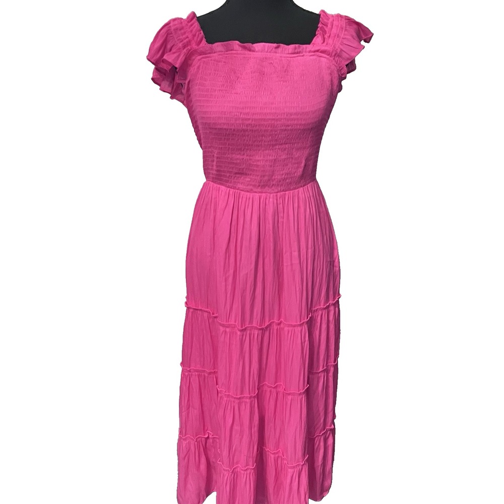 Skies Are Blue Smocked Tiered Midi Dress Womens 1X Fuchsia Flutter Sleeve Sundre